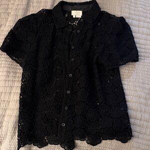 kate spade black lace short sleeve button-up blouse Bloom